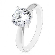 Inel de logodnă din argint 925, brațe lucioase rotunjite, zirconiu mare transparent - Marime inel: 60