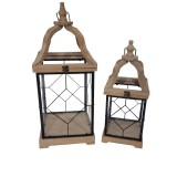Cumpara ieftin Set 2 felinare lemn maro fier negru 20,5 x 20,5 x 52 cm, 27,5 x 27,5 x 66 cm