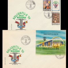 1991 Romania, 2 FDC Balcanfila '91 Bacau (serie + colita), LP 1260 a & LP 1261