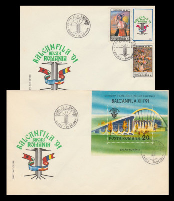 1991 Romania, 2 FDC Balcanfila &amp;#039;91 Bacau (serie + colita), LP 1260 a &amp;amp; LP 1261 foto