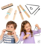 Set Instrumente Muzicale din Lemn pentru Copii cu Trianglu, Muzicuta, Bete Ritmice si Guiro