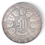 AUSTRIA 50 SCHILLING 1964 WINTER OLYMPICS INNSBRUCK AUNC UNC CU PATINA ARGINT