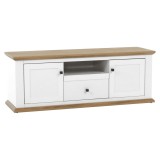 Cumpara ieftin Comoda TV, din mdf alb si maro stejar, Grandleon, 150x45x55 cm