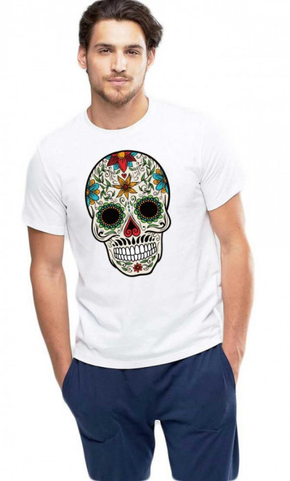 Tricou barbati alb - Sugar Skull Colorful - XL