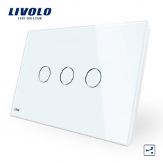 Intrerupator triplu cap scara/cruce cu touch Livolo din sticla &amp;amp;#8211; standard italian, Alb foto
