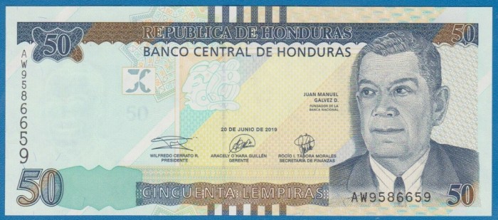 HONDURAS █ bancnota █ 50 Lempiras █ 2019 █ P-104b █ UNC █ necirculata