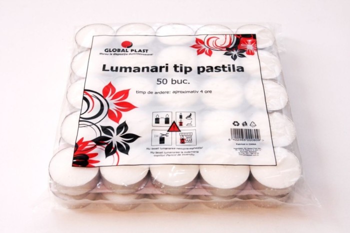 Lumanare tip pastila, aluminiu, timp ardere 4 ore, alb, 50 bucati/set