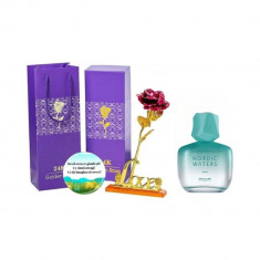 Set complet pentru Ea, Apa de parfum Nordic Waters 50 ml, insotit de insigna Dactylion cu mesaj motivational, cadou un trandafir rosu suflat la baza c