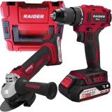 Raider RDP-PBCDI20SPAG20 - Masina de gaurit si insurubat + Polizor unghiular 2 acumulatori Li-Ion 20 V 2/4 Ah valiza plastic