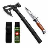 Set topor multifunctional, briceag de vanatoare si spray autoaparare DEPOX&reg;, otel inoxidabil, negru, 42 cm /22 cm/110 ml, teaca inclusa