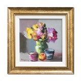 Cumpara ieftin Tablou inramat pictat manual , Vaza cu anemone, 30x30cm ulei pe panza in cutit efect 3D, Geo Ungureanu
