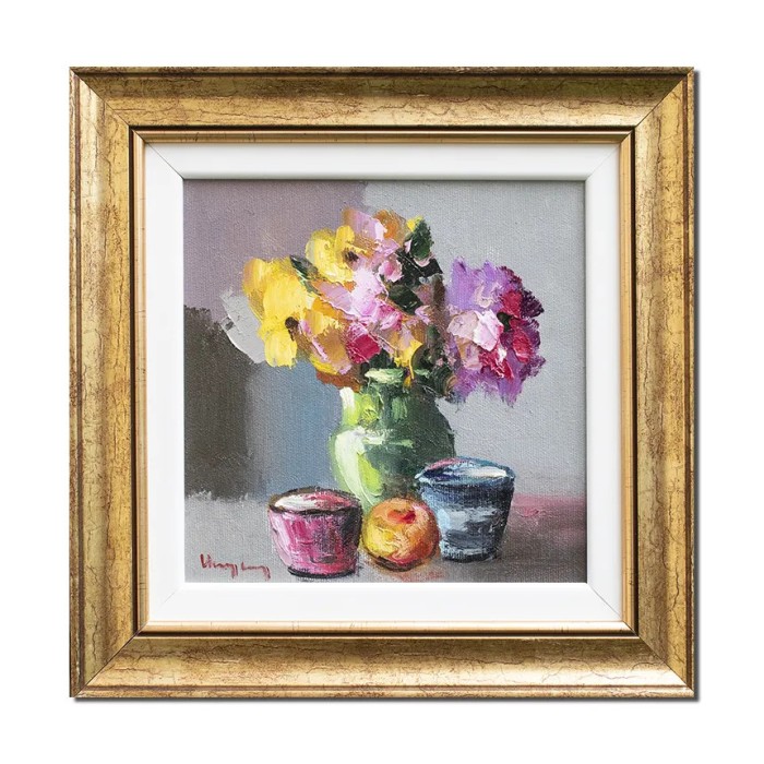 Tablou inramat pictat manual , Vaza cu anemone, 30x30cm ulei pe panza in cutit efect 3D, Geo Ungureanu