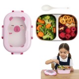 Cutie pentru pranz Koken, Lunch Inox, Caserola copii scoala cu 2 Compartimente, Lingura inclusa, Roz/Bej - Beige