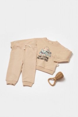 Set hanorac si pantaloni, Two thread, 100%bumbac organic - Stone, BabyCosy (Marime: 6-9 luni) foto