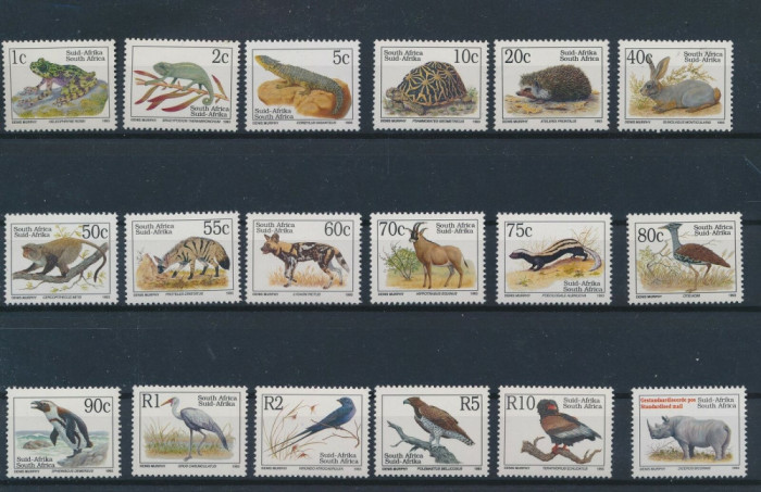 250-AFRICA DE SUD 1993-FAUNA-Serie completa de 18 timbre nestampilate MNH