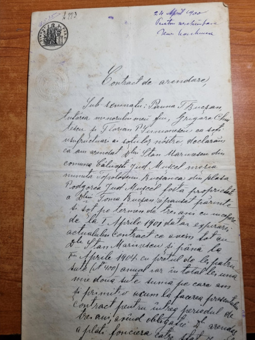 contract de arendare - din aprilie 1900 - timbru sec,timbru fix