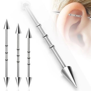 Piercing ureche industrial cu trei inele și capete ascuțite - Lungime piercing: 32 mm