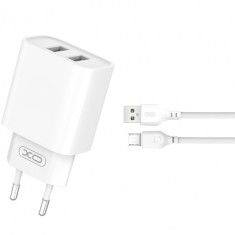 Incarcator Retea Cu Cablu microUSB XO Design CE02C, 10.5W, 2.1A, 2 x USB-A, Alb