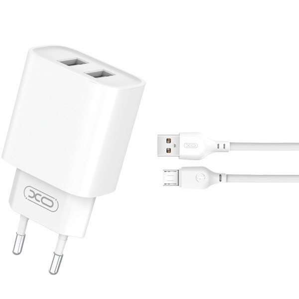 Incarcator Retea Cu Cablu microUSB XO Design CE02C, 10.5W, 2.1A, 2 x USB-A, Alb