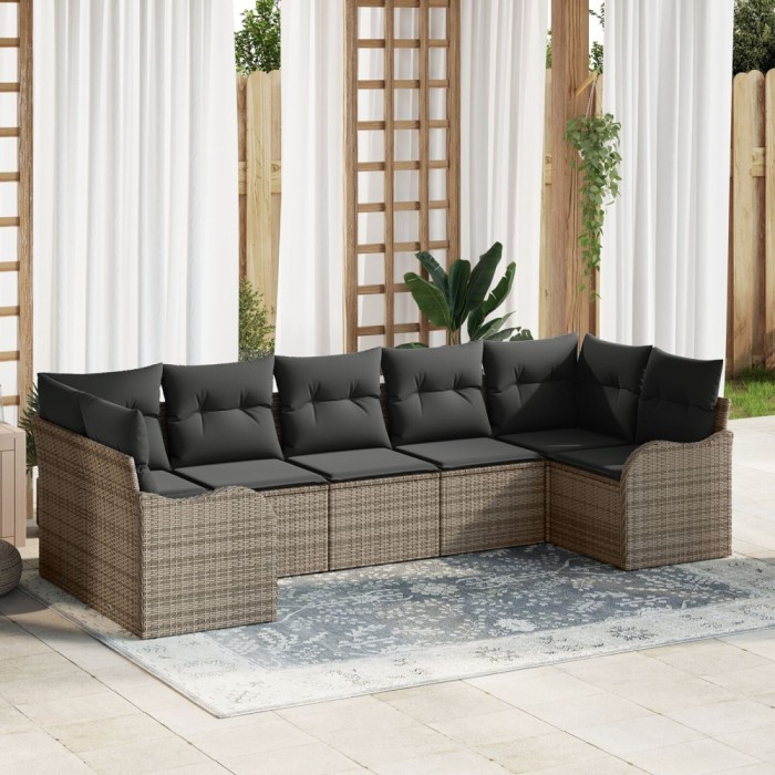 Set de canapea Gossi din 7 piese cu perne gri din ratan polimeric, canapea Gossi pentru 2 persoane cu perne gri din ratan polimeric