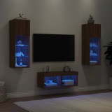 VidaXL Comode TV de perete cu lumini LED, 4 piese, stejar maro