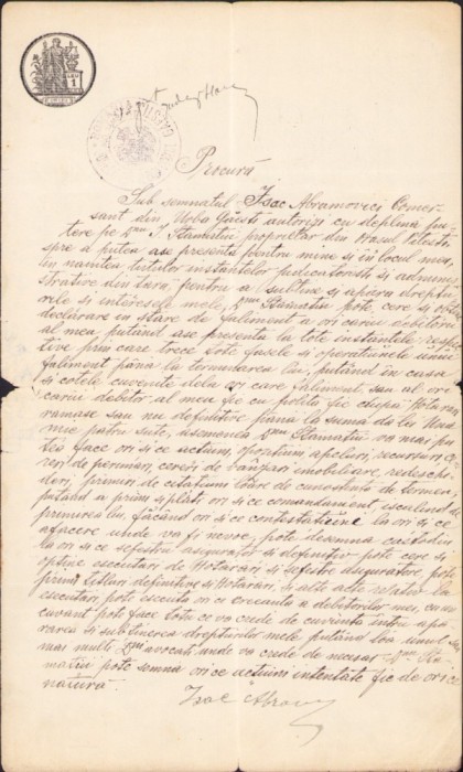 A2677N Procură a comerciantului evreu Isac Abramovici din Găiești pt reprezentare &icirc;n fața instanțelor judecătorești de rom&acirc;n din Pitești, 1912, Găești