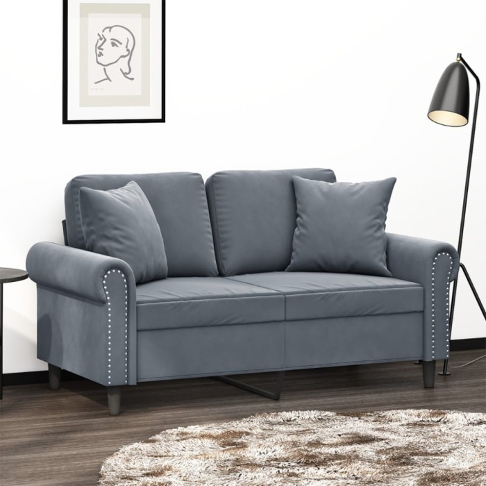 vidaXL Canapea cu 2 locuri cu pernuțe, gri &icirc;nchis, 120 cm, catifea 3200936