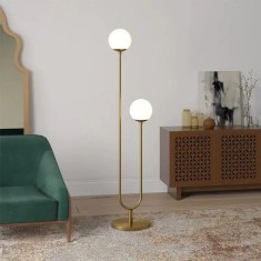 Lampadar de podea, 2 globuri albe, dulie G9, culoare corp auriu, inaltime 165cm