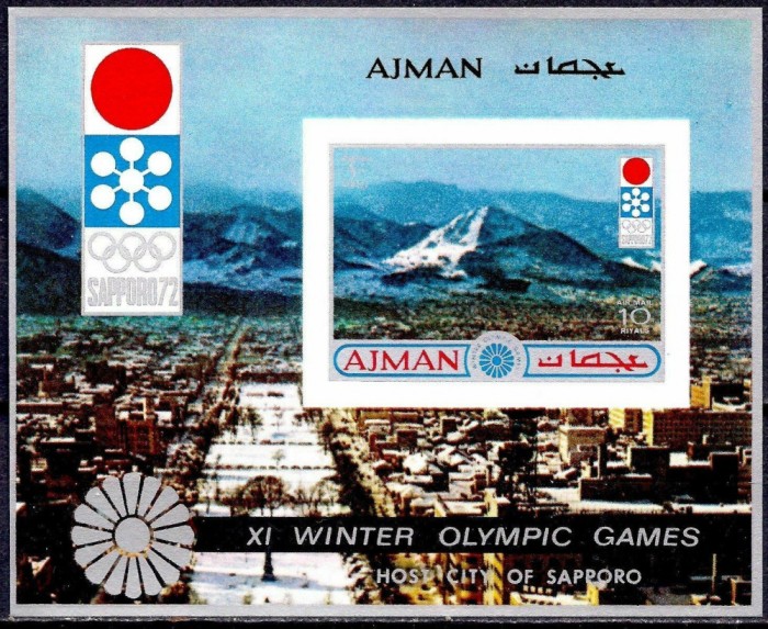 AJMAN, SAPPORO - COLIȚĂ IMPERF. + SERIE COMPLETĂ MNH (2 FOTO)