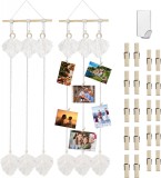 Set decor de perete si 18 cleme pentru colaj de fotografii BINOTHINK, macrame/lemn, alb, 150 cm x 35