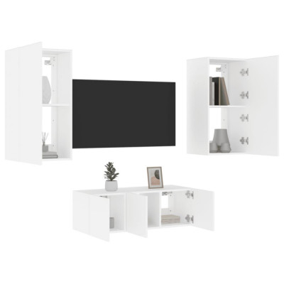 Unitati de perete TV cu LED-uri, 4 piese, alb, lemn prelucrat GartenMobel Dekor foto