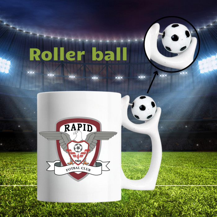 Cană cu minge fotbal &bdquo;Fotbal club Rapid Bucuresti&rdquo;, v1, sport, fotbal, suporter, alba, 330 ml