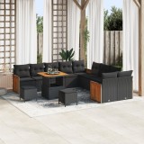 Set canapea gradina Gossi 13 piese cu perne negre poliratan acacia, set dining gradina Gossi 3 piese cu perne negre poliratan acacia