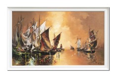 Tablou pictat manual inramat living, Apus de soare cu veliere, 110x70cm ulei pe panza in cutit efect 3D, Geo Ungureanu foto