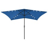 Umbrelă de soare, st&acirc;lp din oțel/LED-uri, albastru azur, 2x3 m