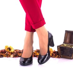 Pantofi dama eleganti din piele naturala ci toc de 7cm - Negru Croco Lac NA236