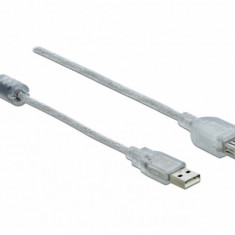 Cablu prelungitor USB 2.0 T-M cu ferita 2m transparent, Delock 83883