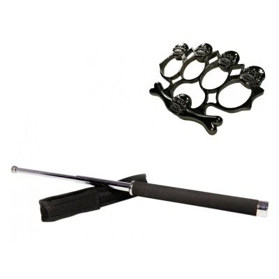 Set baston telescopic 65 cm argintiu + box-rozeta craniu negru foto