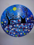 Mandala rotunda albastra albastru pomi si flori pictat manual acrylic pictura in puncte decor perete pe disc vinil 10&rdquo;