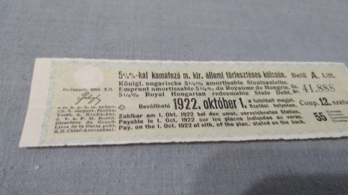 CUPOANE /BON DE TREZORERIE CU REDUCERE 1922 UNGARIA