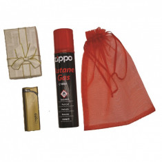 Set Bricheta anti-vant, metalica, aurie, cutie cadou, Gaz incarcare bricheta Zippo, 100 ml, saculet cadou, b7