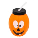 Pahar Plastic Halloween, Dovleac, Culoare Portocaliu, Dimensiuni 9x11 cm, Cu Pai