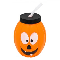 Pahar Plastic Halloween, Dovleac, Culoare Portocaliu, Dimensiuni 9x11 cm, Cu Pai