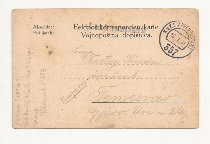 D1 Carte Postala Militara k.u.k. Imperiul Austro-Ungar ,1917, Temesvar