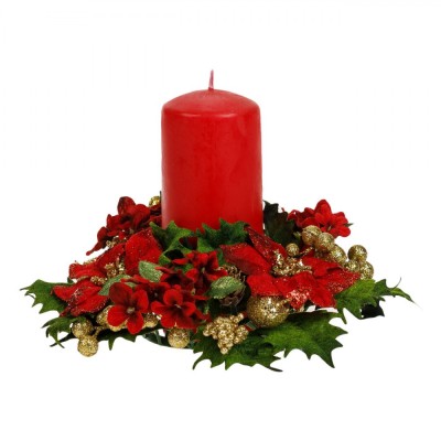 Inel Decorativ Lumanare, Crăciun, 24cm, Roșu, Auriu, Plastic foto