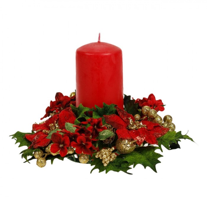 Inel Decorativ Lumanare, Crăciun, 24cm, Roșu, Auriu, Plastic
