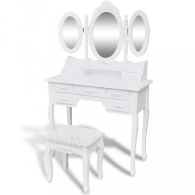 Masă de toaletă cu taburet și 3 oglinzi, alb foto