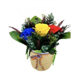 Aranjament floral traditional tricolor cu trandafiri si plante naturale criogenate (Albastru Galben Rosu)