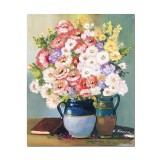 Tablou pictat manual, Beatitudine, vaza cu flori si carte, 50x40cm pictura ulei pe panza, gata de agatat pe perete