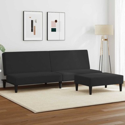 vidaXL Canapea extensibilă cu taburet, 2 locuri, negru, catifea foto